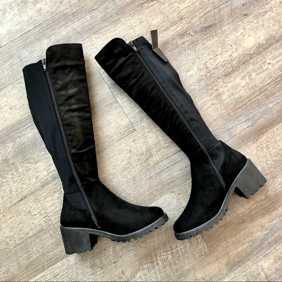 Black Faux Suede Knee Boots - Picture 3 of 9